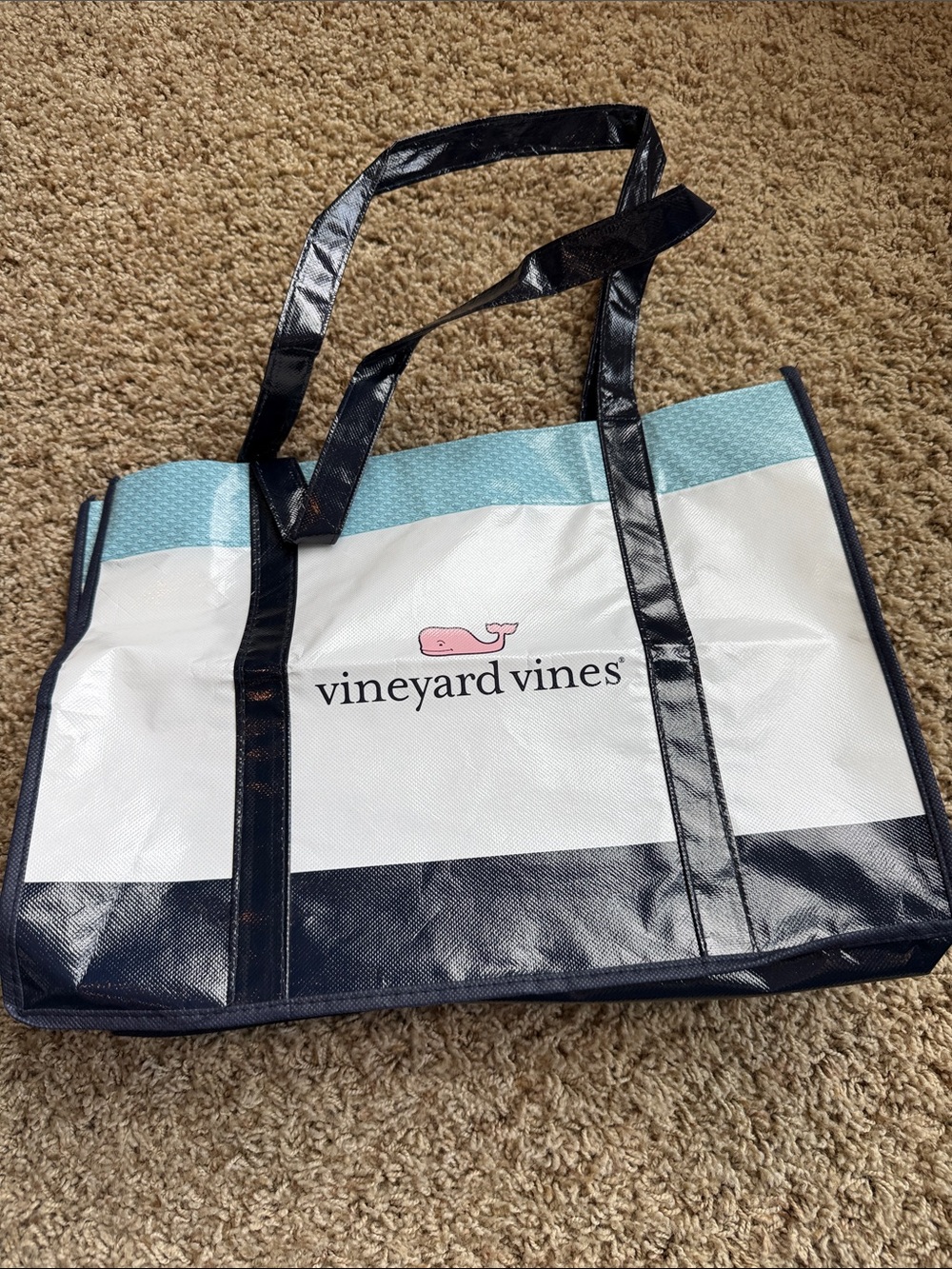 Vineyard Vines Navy, White & Pink Whale Tote with Light Blue Trim